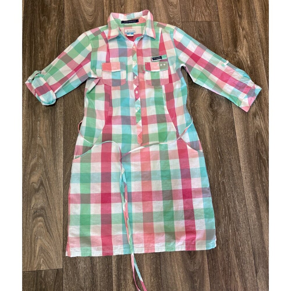 COLUMBIA PFG SUPER BONEHEAD WOMENS S PLAID FISHING SPORT DRESS ROLL TAB SLEEVE